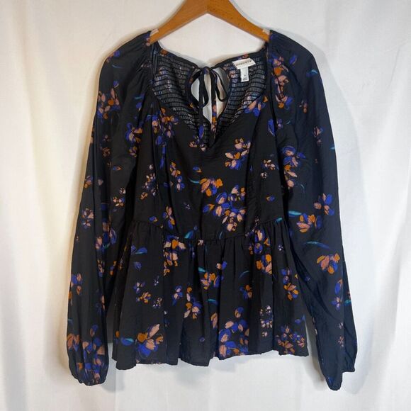 Ava & Viv Navy Floral Boho Puff Sleeve Peplum Vneck Blouse Size X(14W) - Picture 9 of 10